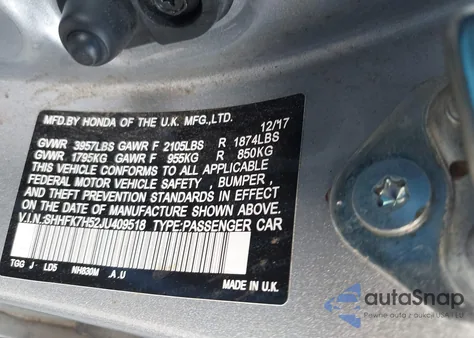 2018 Honda Civic Ex z USA, uszkodzony, nr VIN SHHFK7H52JU409518